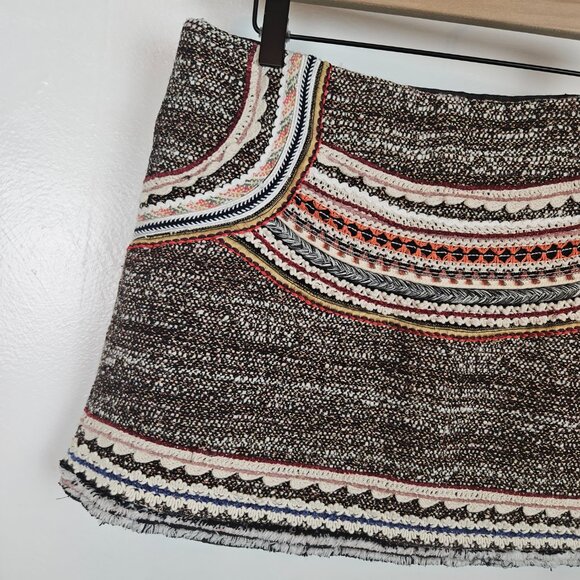 Zara Woman Tweed Woven Boho Mini Skirt Sz L Black Ivory Rust Rose - Picture 2 of 10